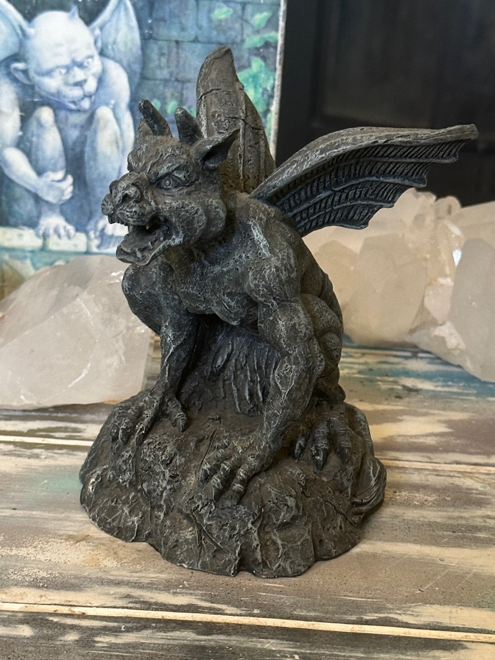 Vintage Incense Smoking Gargoyle Dark Gray Sculpture  Decorative Home Art in Box